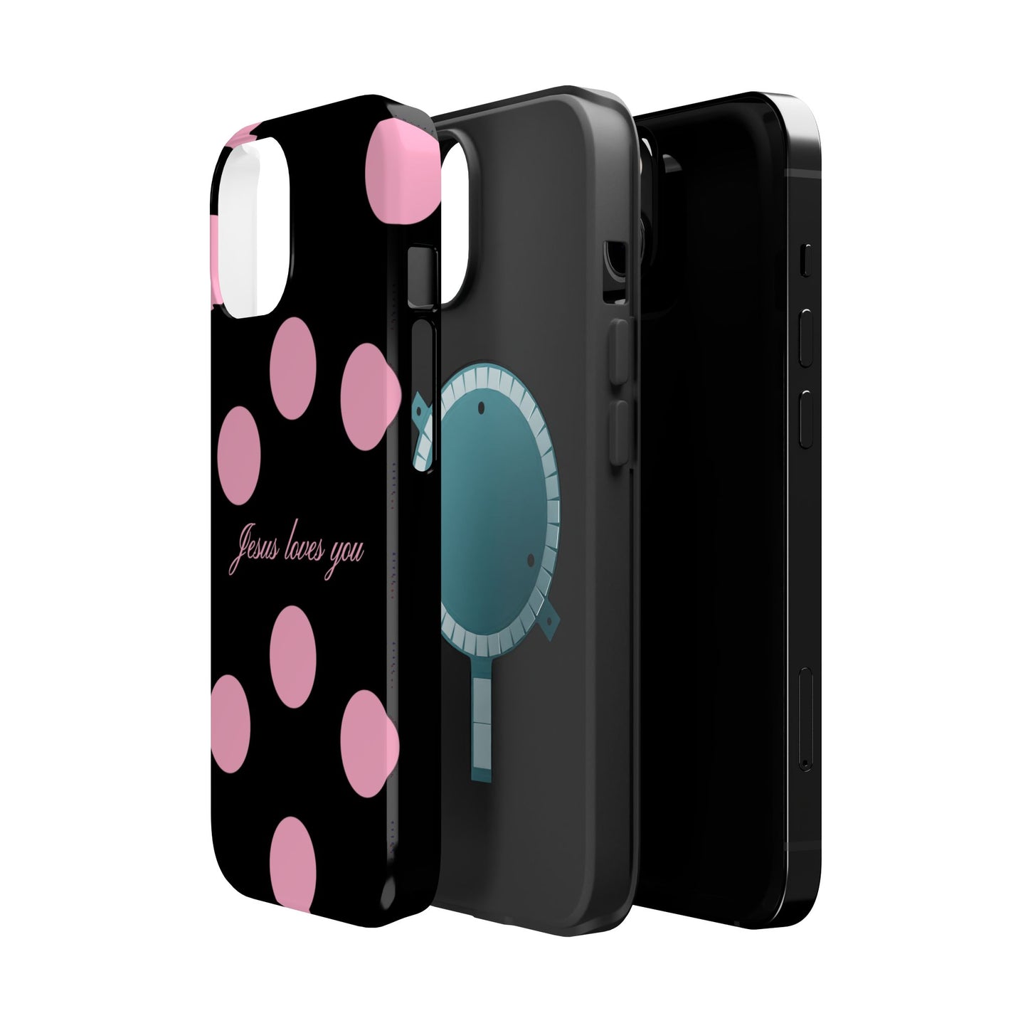 Jesus loves you Pink and Black Polka Dot MagSafe Phone Case