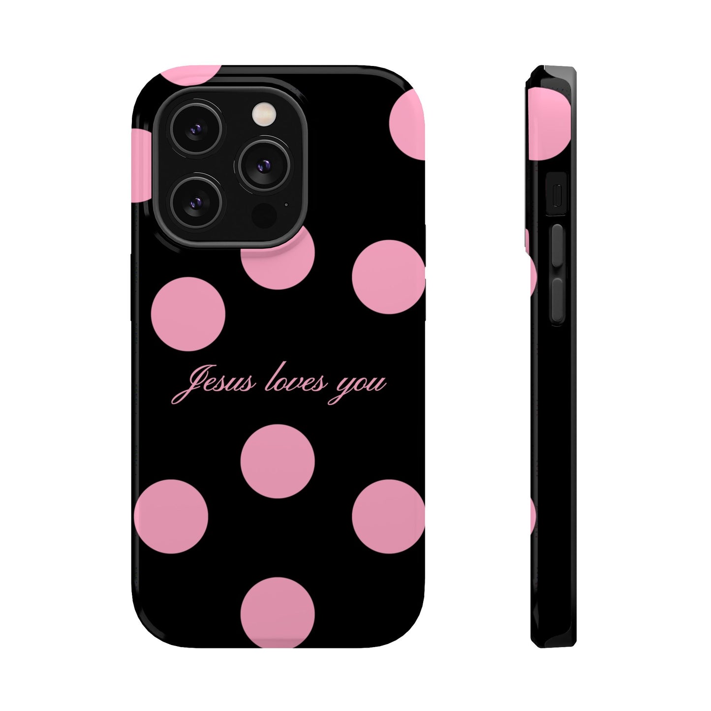 Jesus loves you Pink and Black Polka Dot MagSafe Phone Case