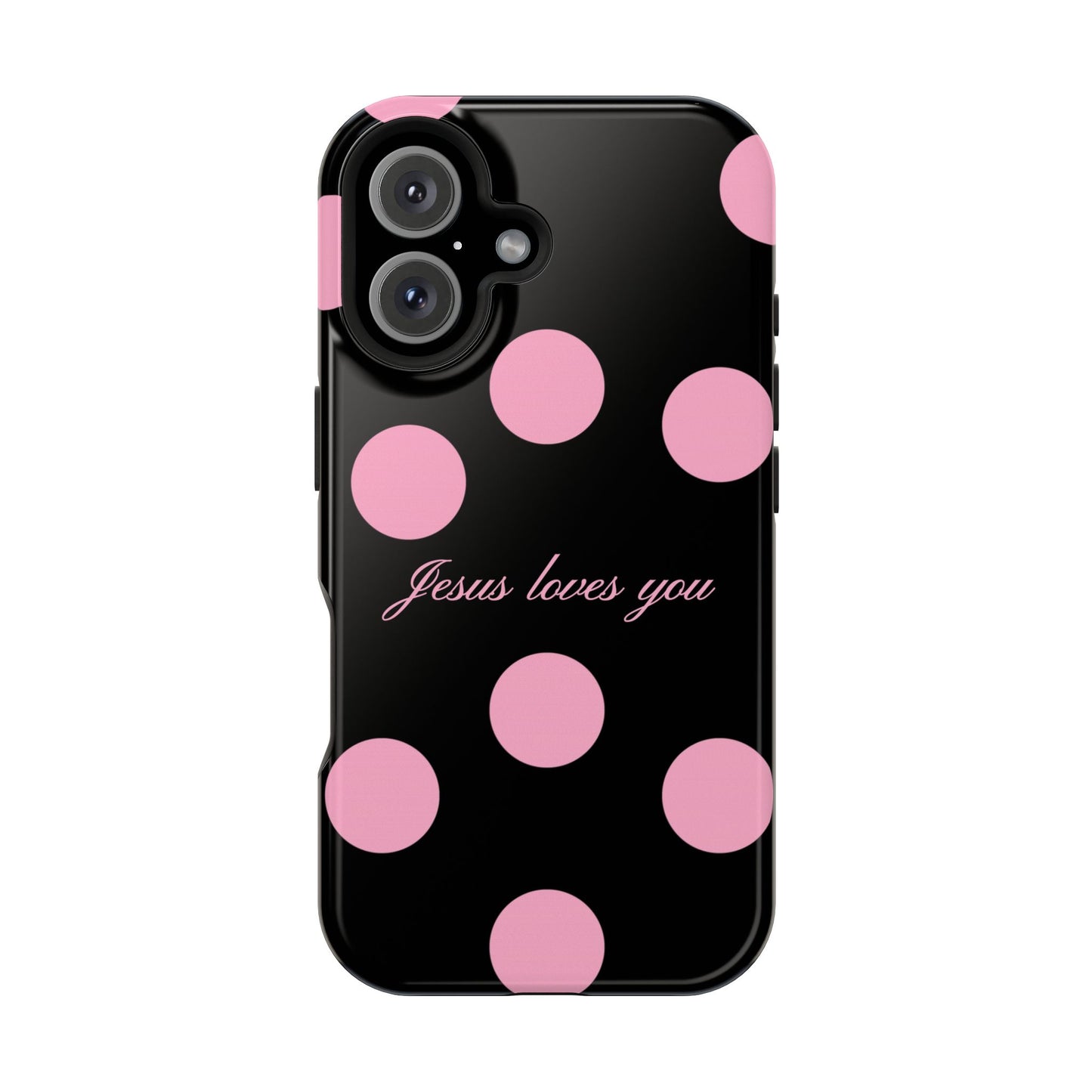 Jesus loves you Pink and Black Polka Dot MagSafe Phone Case
