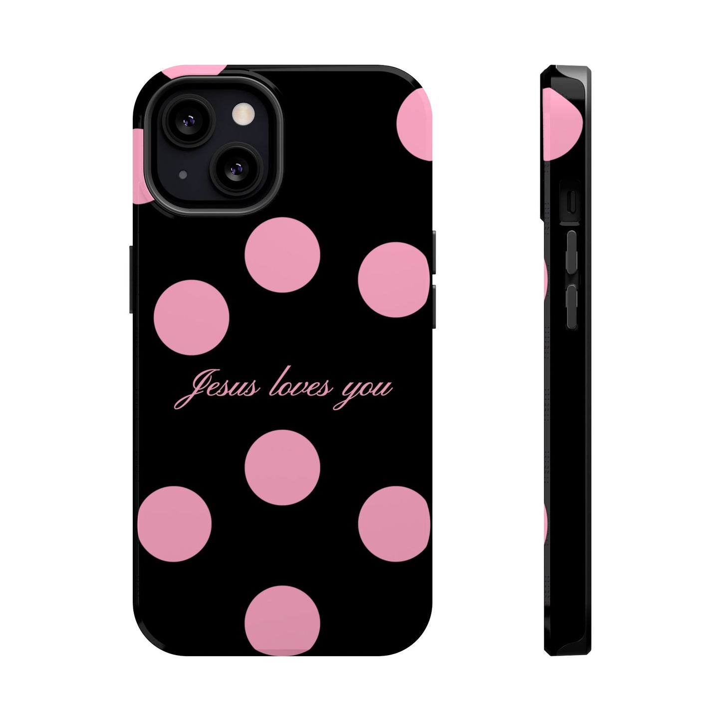 Jesus loves you Pink and Black Polka Dot MagSafe Phone Case
