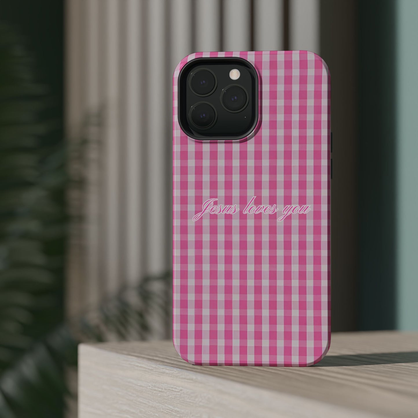 Jesus loves you Pink Gingham Phone Case MagSafe