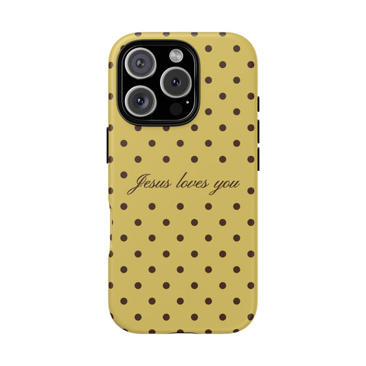 Jesus Loves You Brown & Yellow Polka Dot Phone Case