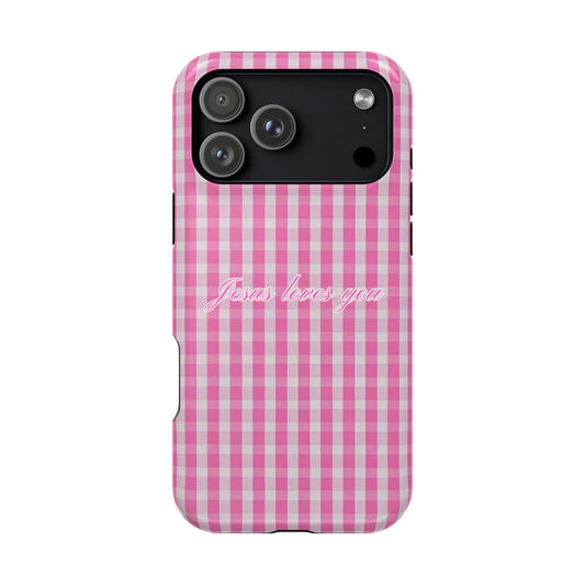 Jesus loves you Pink Gingham Phone Case MagSafe