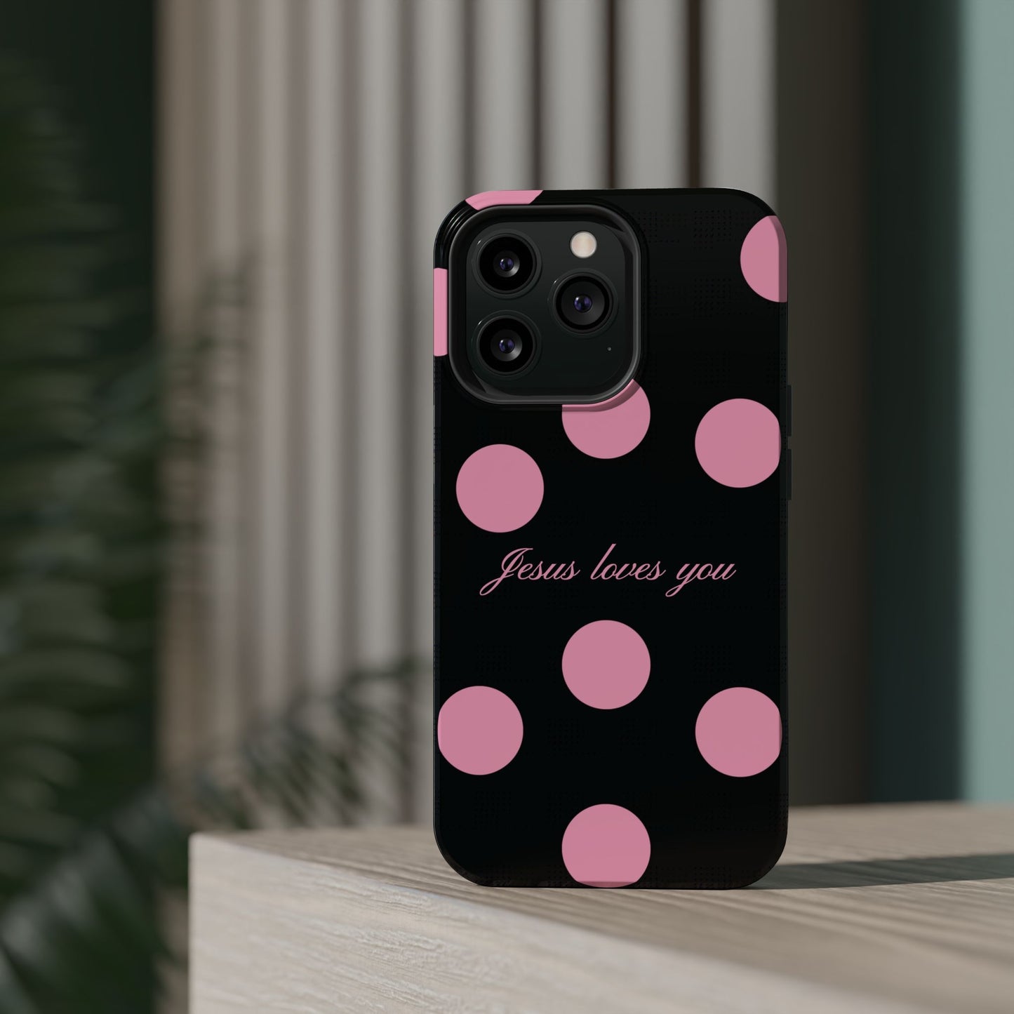 Jesus loves you Pink and Black Polka Dot MagSafe Phone Case