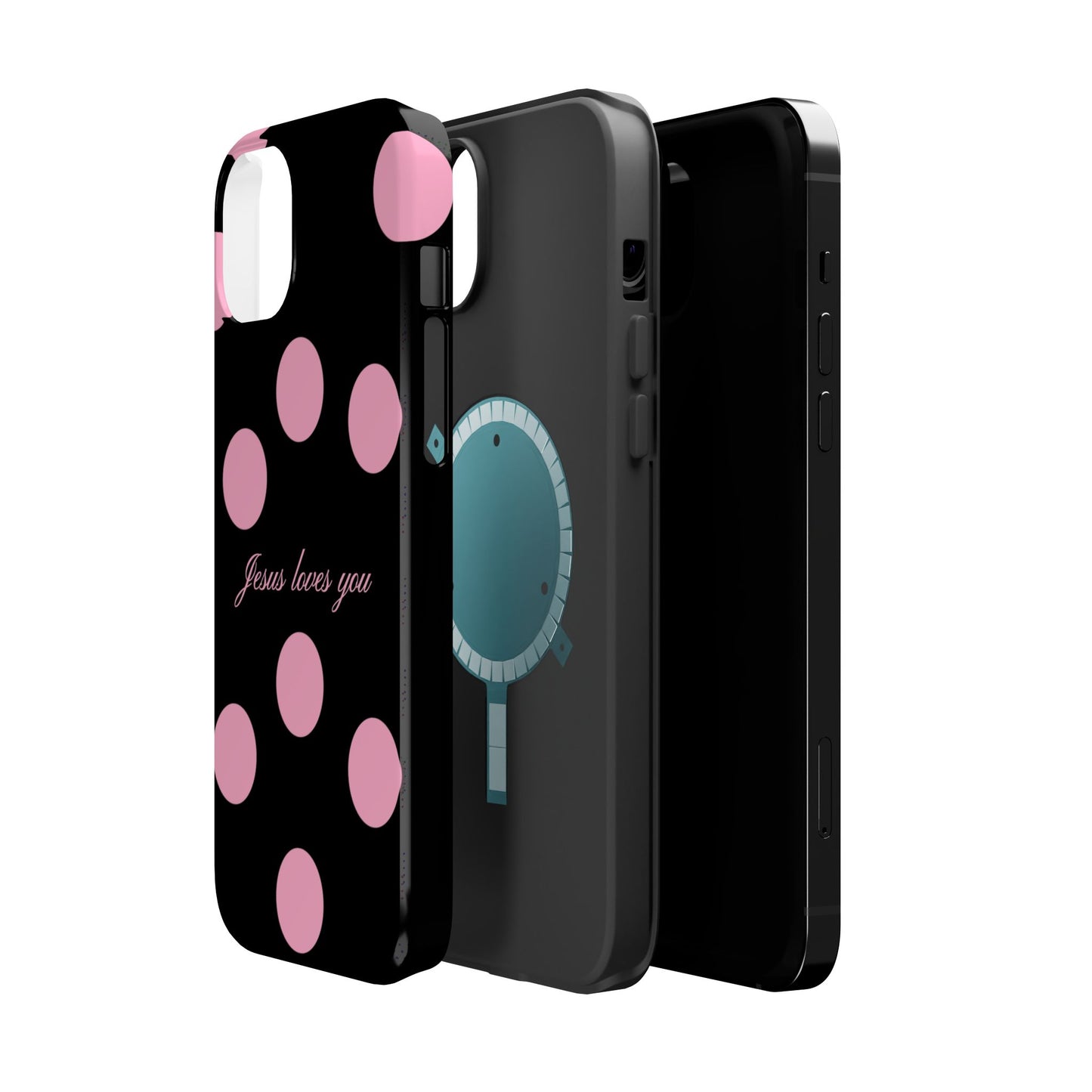 Jesus loves you Pink and Black Polka Dot MagSafe Phone Case