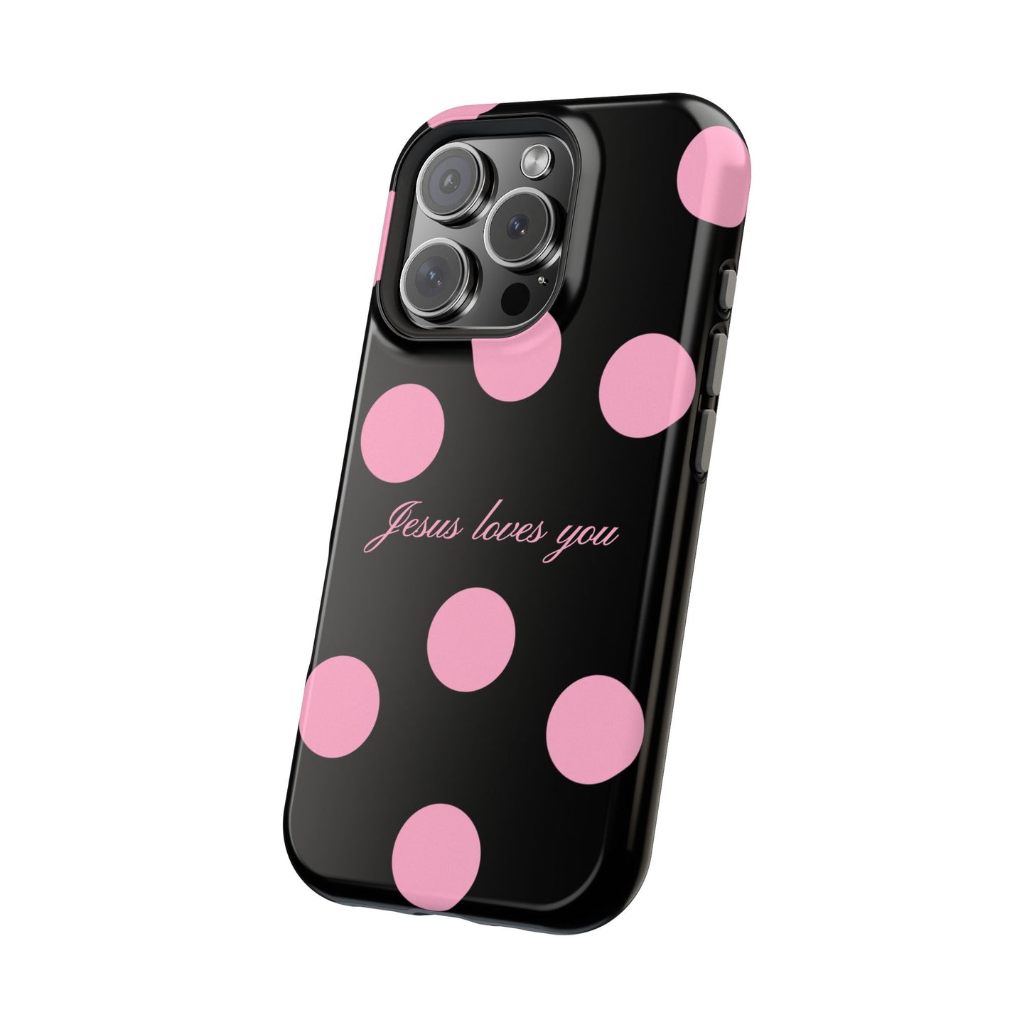 Jesus loves you Pink and Black Polka Dot MagSafe Phone Case