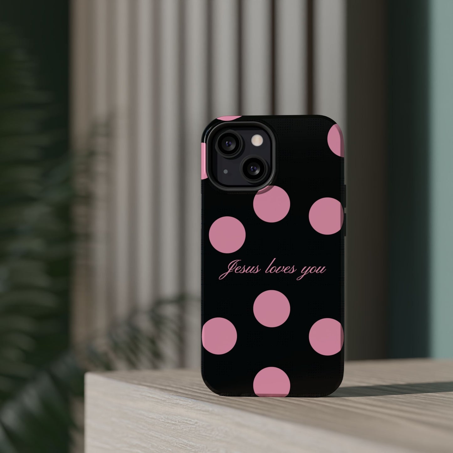 Jesus loves you Pink and Black Polka Dot MagSafe Phone Case