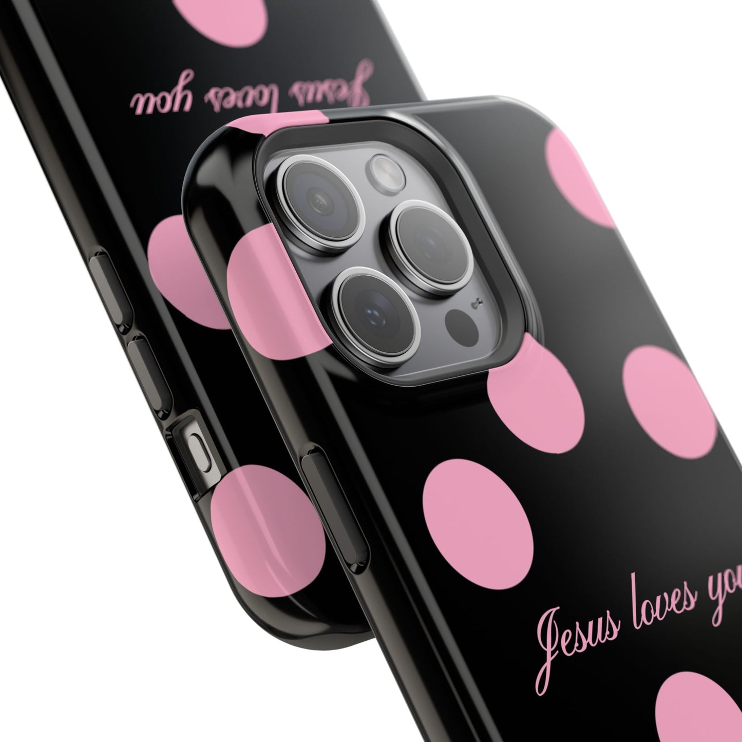 Jesus loves you Pink and Black Polka Dot MagSafe Phone Case