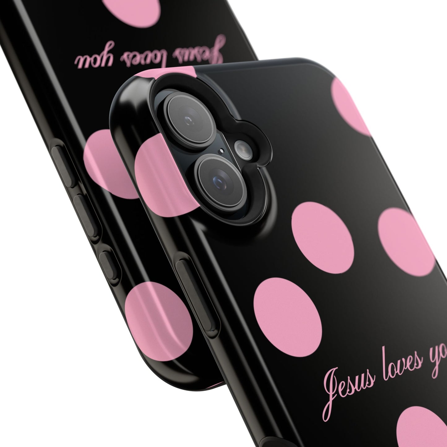 Jesus loves you Pink and Black Polka Dot MagSafe Phone Case
