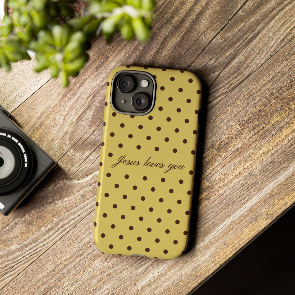 Jesus Loves You Brown & Yellow Polka Dot Phone Case