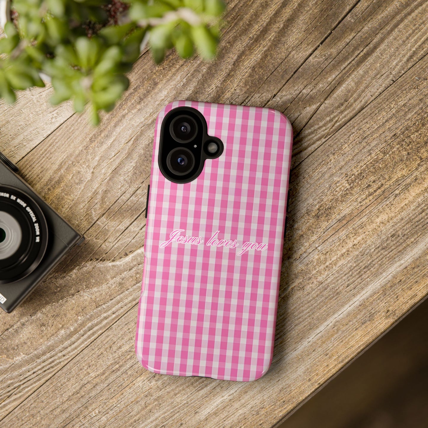 Jesus loves you Pink Gingham Phone Case