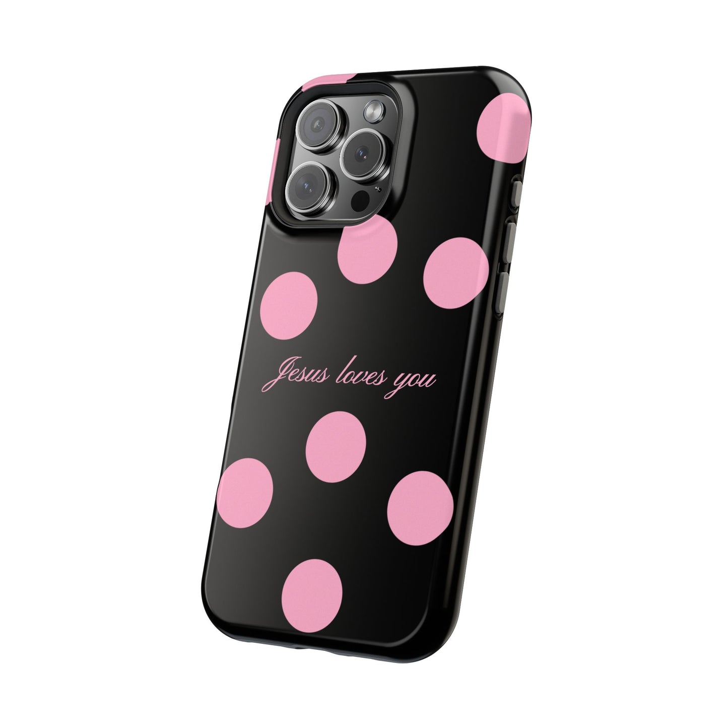 Jesus loves you Pink and Black Polka Dot MagSafe Phone Case