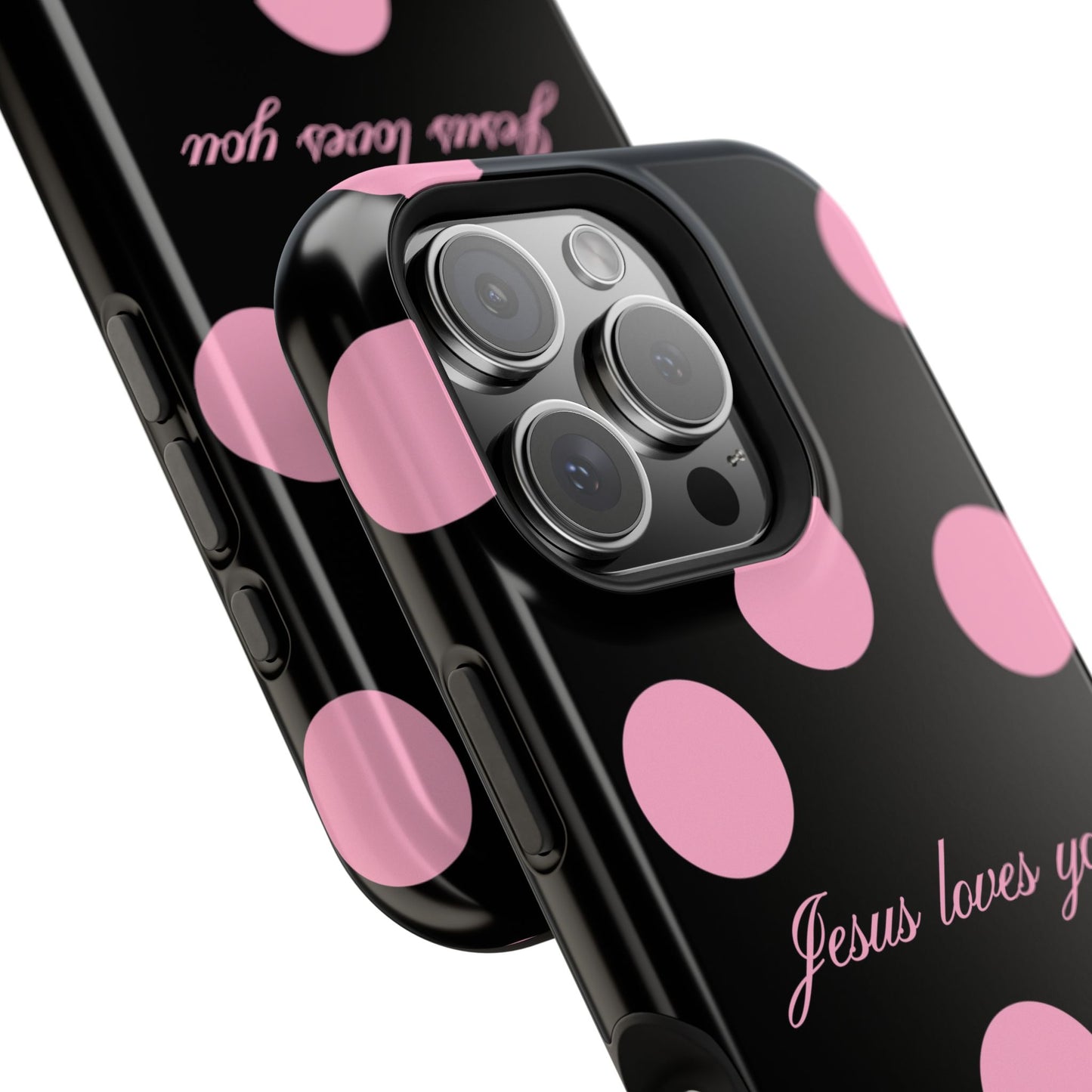 Jesus loves you Pink and Black Polka Dot MagSafe Phone Case