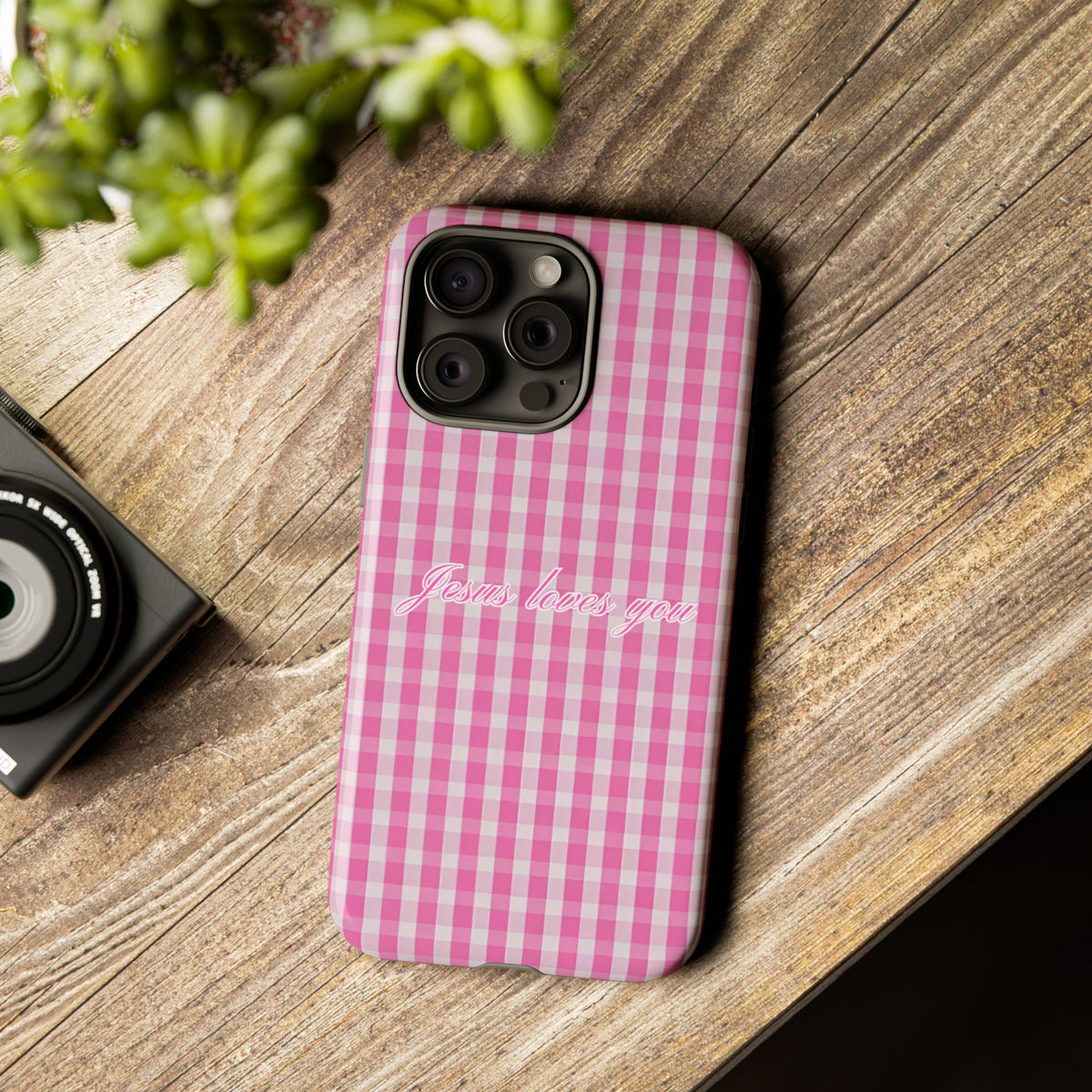Jesus loves you Pink Gingham Phone Case