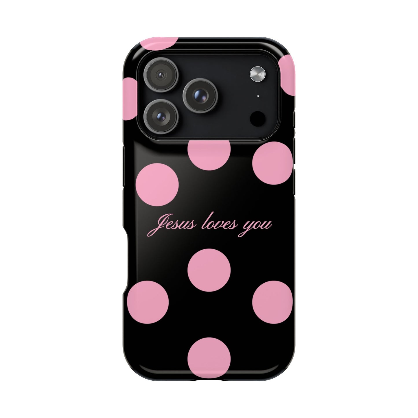 Jesus loves you Pink and Black Polka Dot MagSafe Phone Case