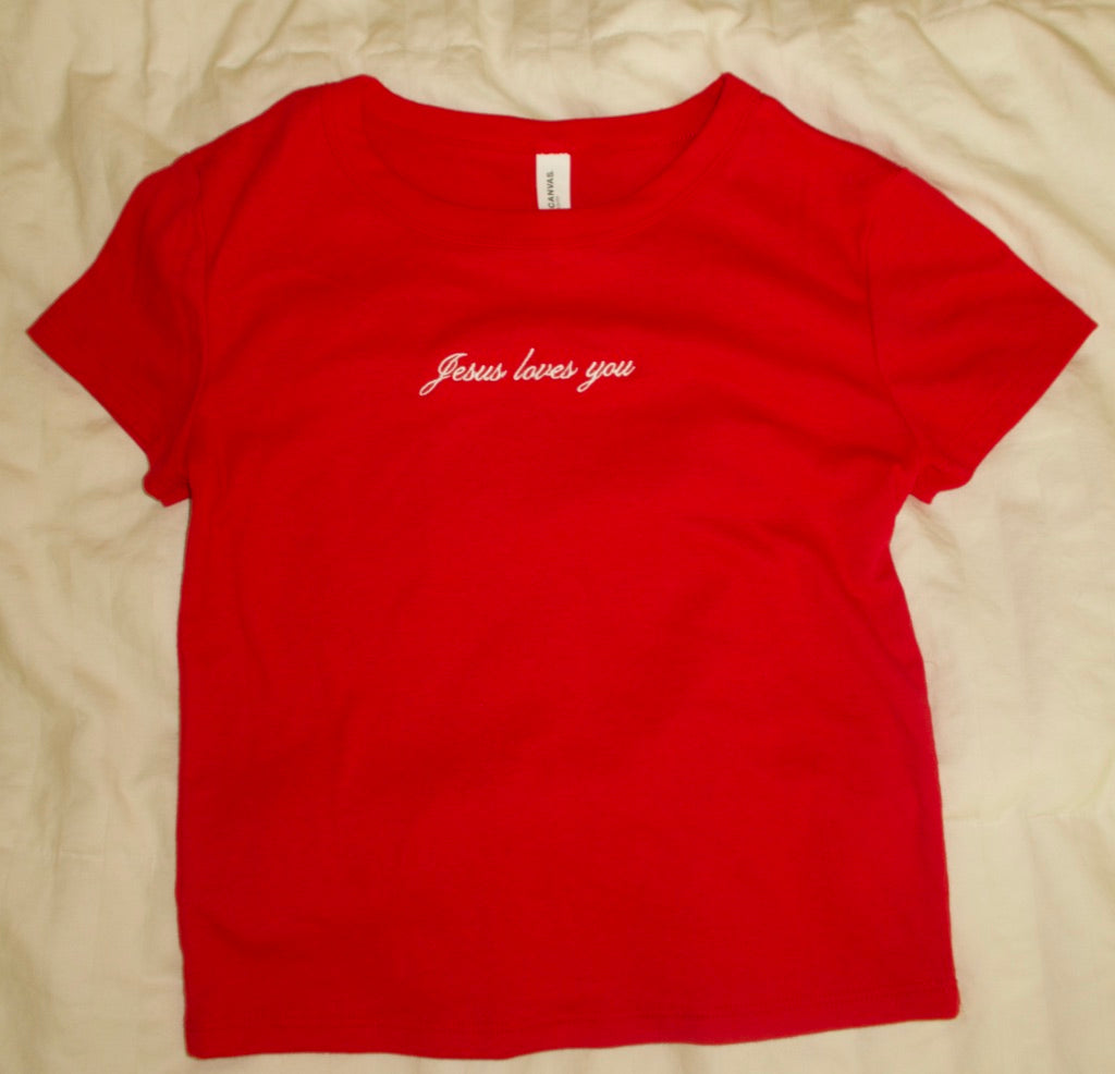 Jesus Embroidered Baby Tee Red